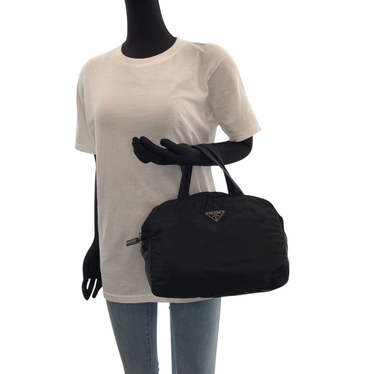 PRADA Handbag Nylon Black SilverMetal Handbag Tote Bag Test Triangle With logo Women Used Authentic