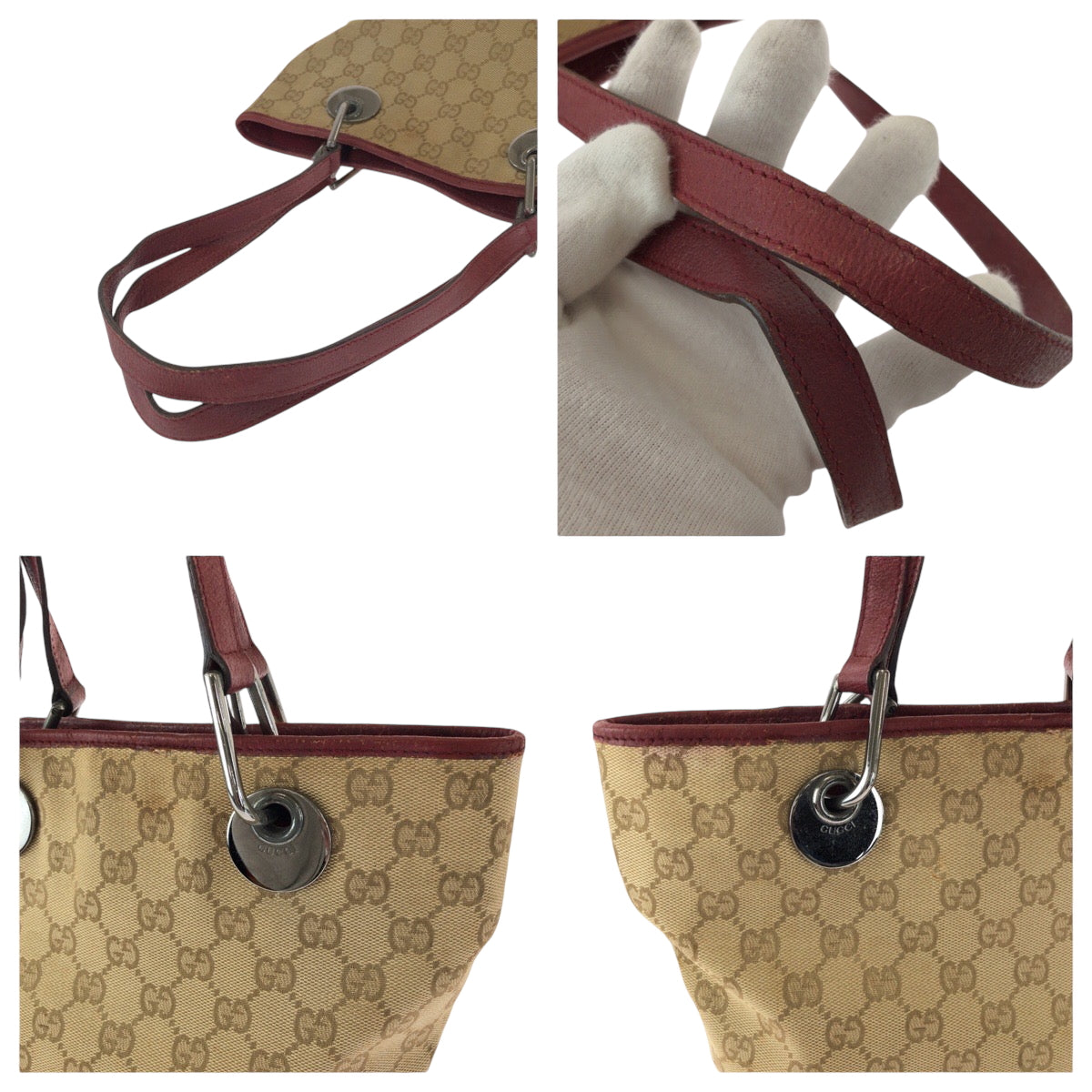 GUCCI Tote Bag 120840 GG canvas Beige Red SilverMetal Tote Bag handbag Women Used Authentic