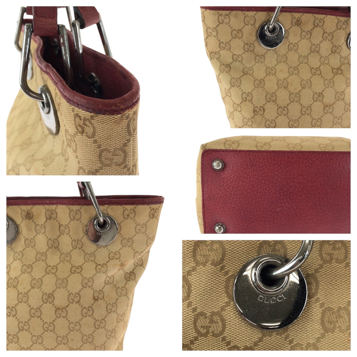 GUCCI Tote Bag 120840 GG canvas Beige Red SilverMetal Tote Bag handbag Women Used Authentic