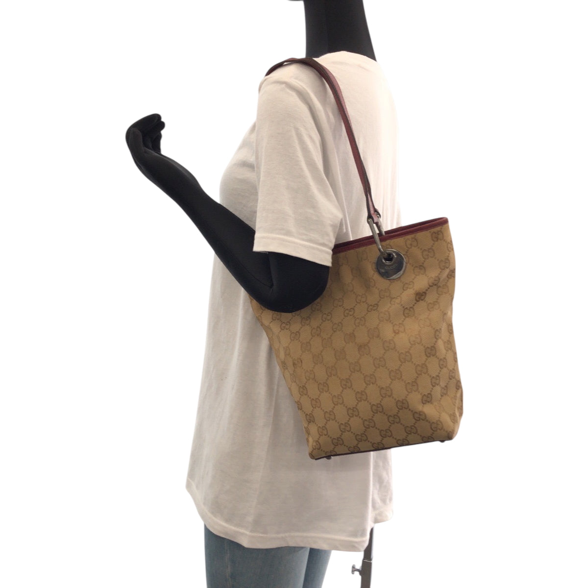 GUCCI Tote Bag 120840 GG canvas Beige Red SilverMetal Tote Bag handbag Women Used Authentic