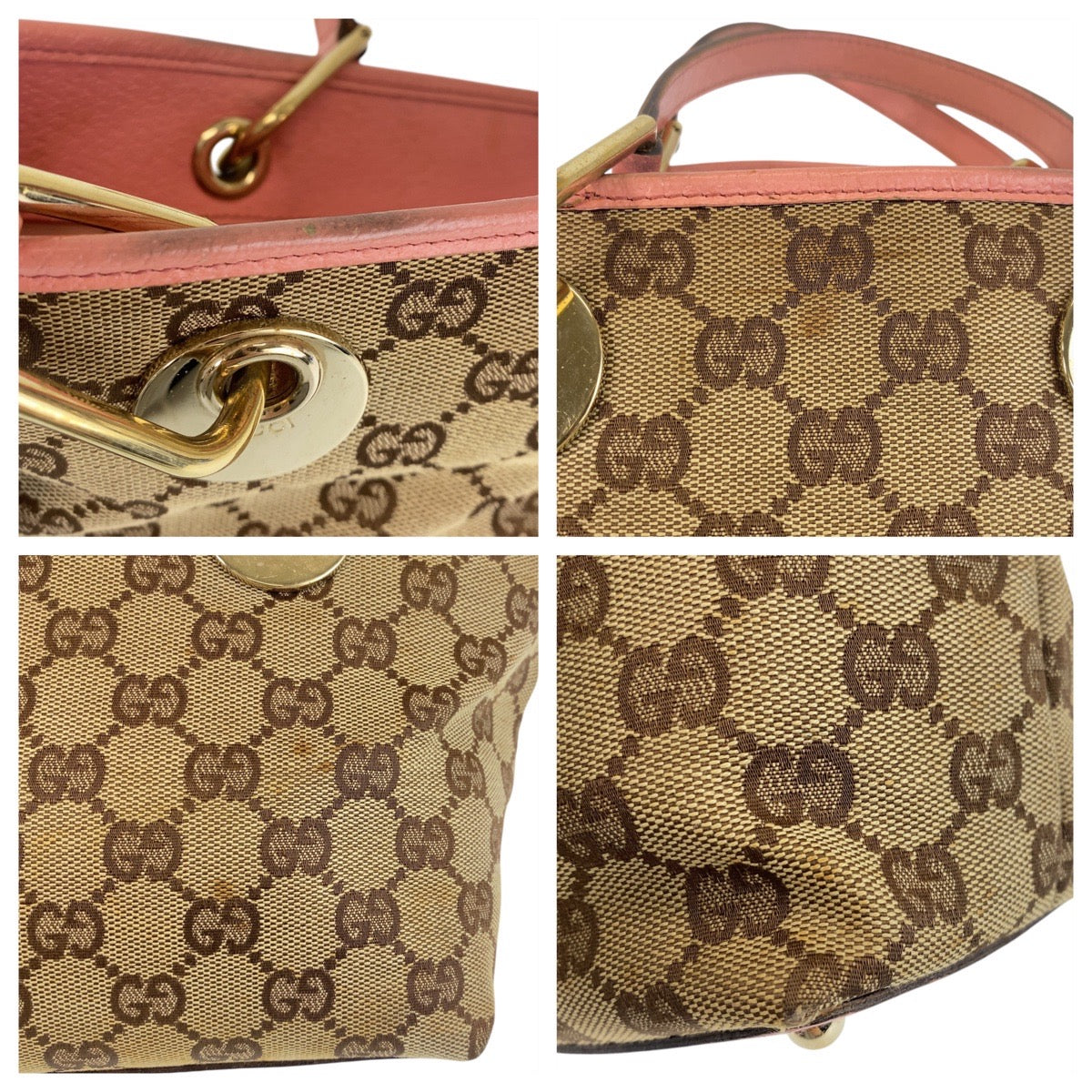GUCCI Tote Bag 120844 GG canvas, leather Beige Pink Gold Metal Tote Bag handbag Women Used Authentic