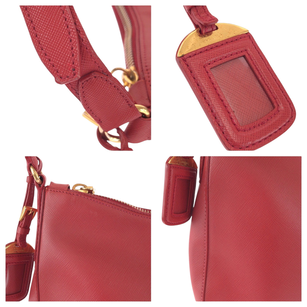 PRADA Shoulder Bag leather Red Gold Metal One Shoulder Bag Safiano Hobo Women Used Authentic