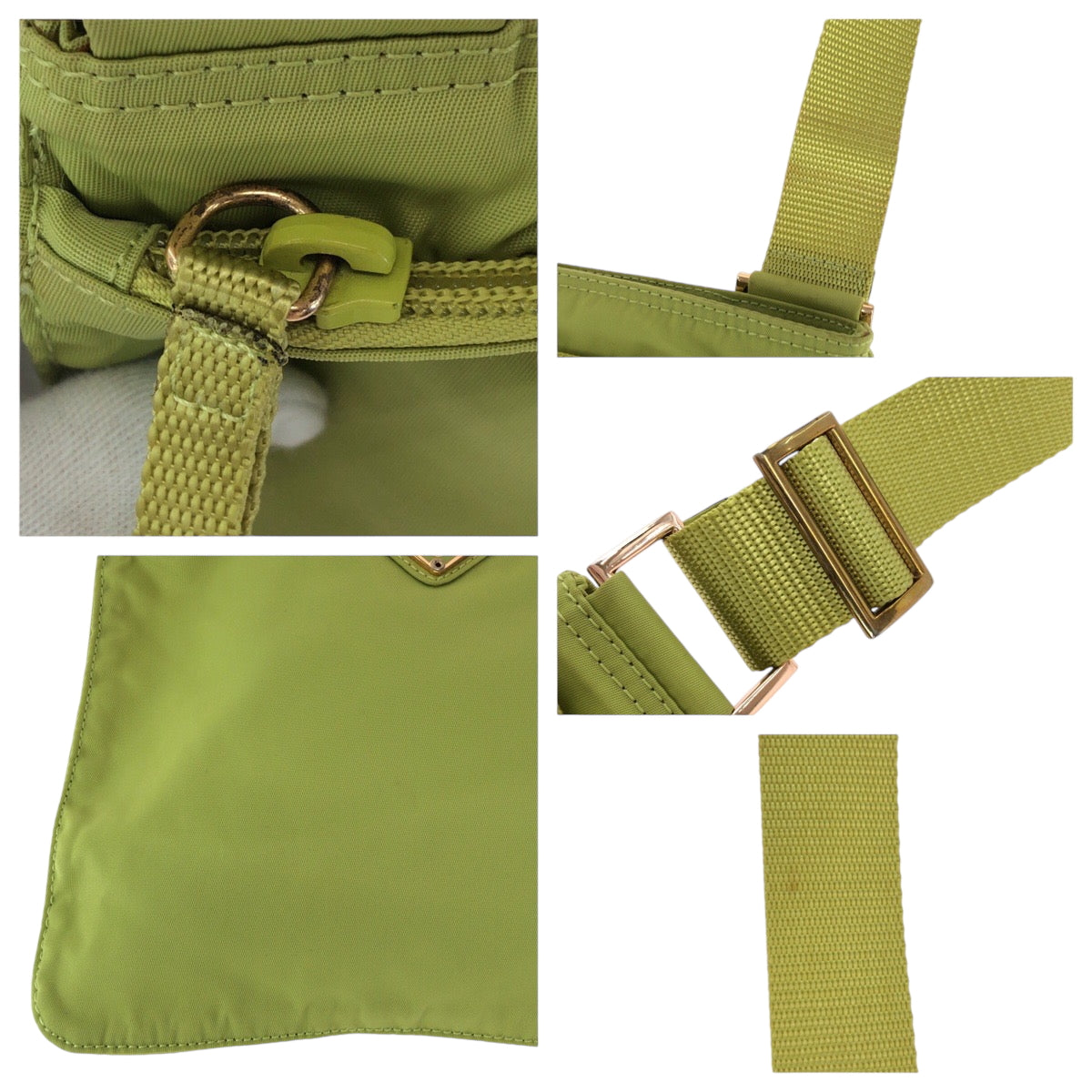 PRADA Shoulder Bag Nylon Light Green Gold Metal Shoulder Bag Sacoche Test Triangle With logo Women Used Authentic