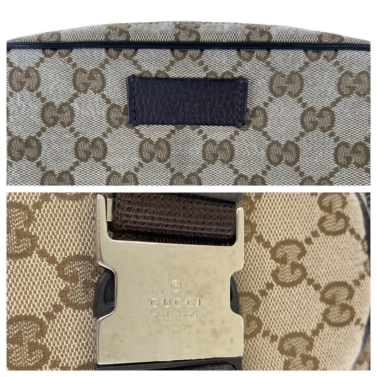 GUCCI Sling bag 449174 GG canvas, leather Brown Silver Metal Sling bag Waist bag mens Used Authentic