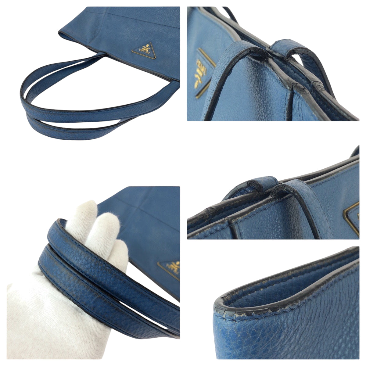 PRADA Tote Bag leather Blue GoldMetal Tote Bag handbag Vitterodino Triangle With logo Women Used Authentic