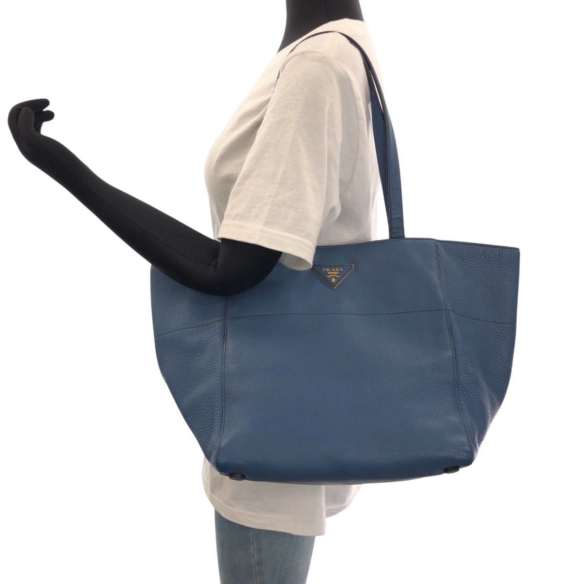 PRADA Tote Bag leather Blue GoldMetal Tote Bag handbag Vitterodino Triangle With logo Women Used Authentic