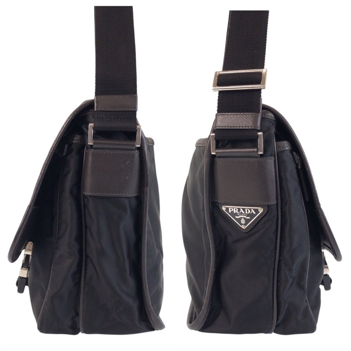PRADA Shoulder Bag Nylon Black SilverMetal Shoulder Bag Messenger bag Test Triangle With logo Women Used Authentic