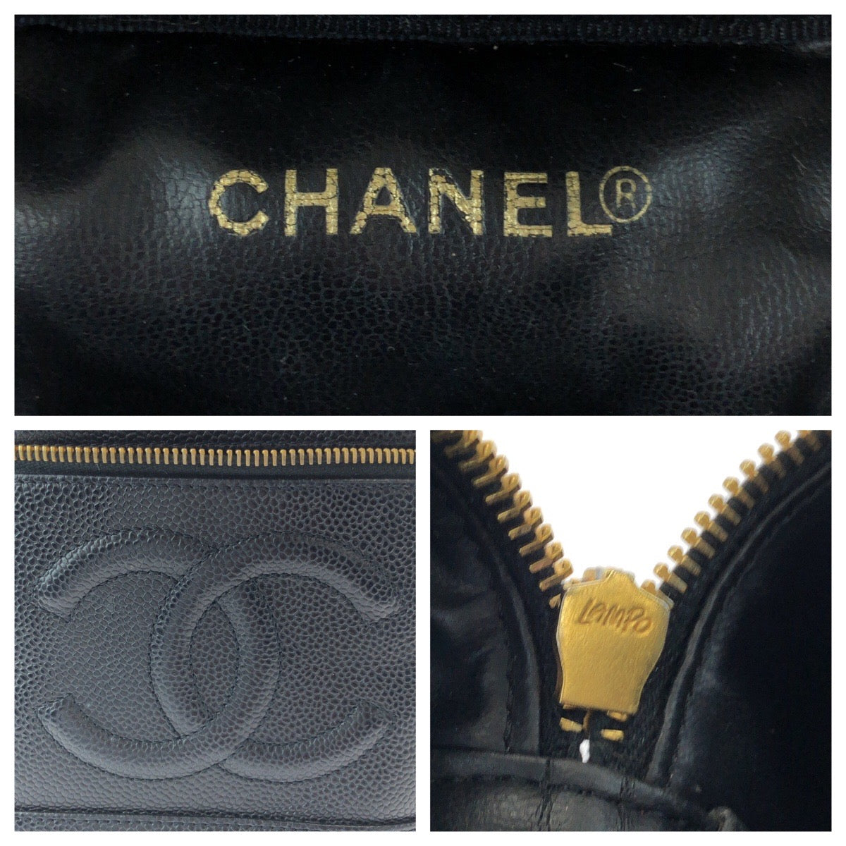 CHANEL Handbag Caviar skin Black Gold Metal Handbags Vanity Pouches COCO Mark Women Used Authentic