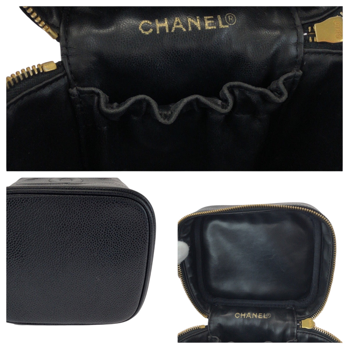 CHANEL Handbag Caviar skin Black Gold Metal Handbags Vanity Pouches COCO Mark Women Used Authentic