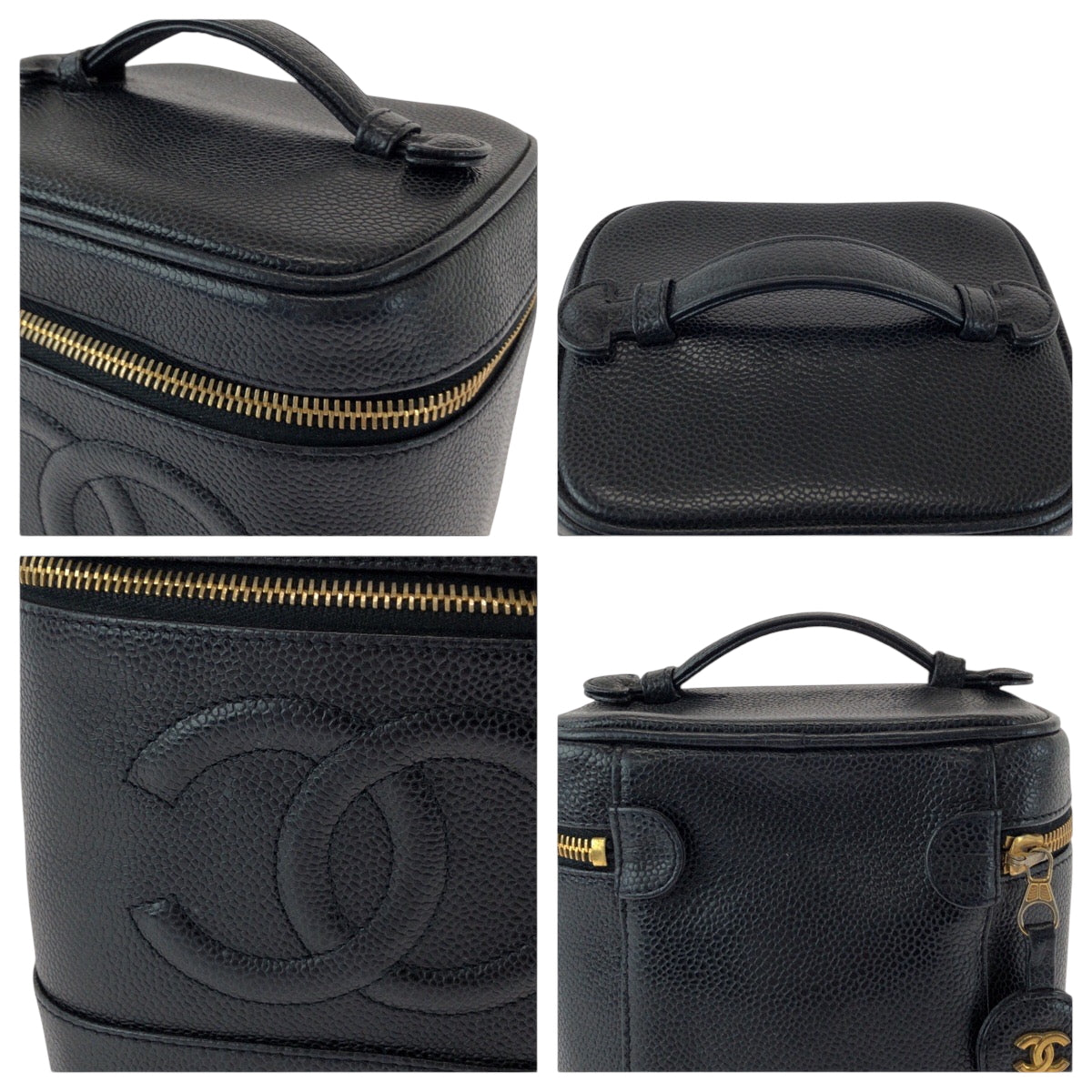 CHANEL Handbag Caviar skin Black Gold Metal Handbags Vanity Pouches COCO Mark Women Used Authentic