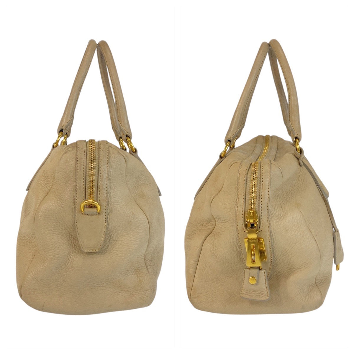 PRADA Handbag leather Beige Gold Metal Handbag Shoulder Bag Women Used Authentic