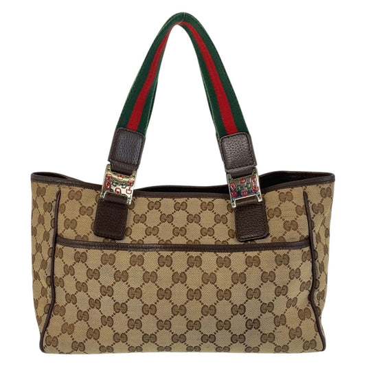 GUCCI Tote Bag 145810 GG canvas Beige Brown SilverMetal Tote Bag Shoulder Bag Sherry line Women Used Authentic