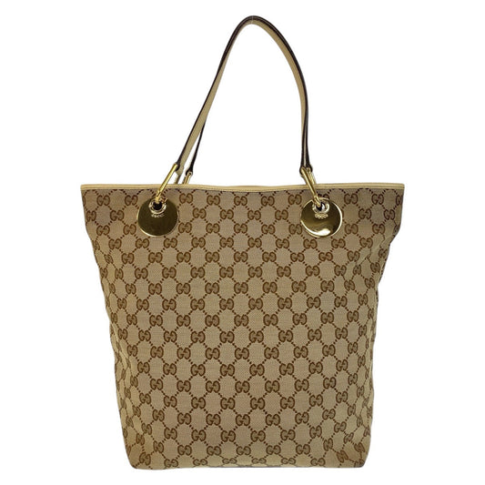 GUCCI Tote Bag 120835 GG canvas, leather Beige White Gold Metal Tote Bag Shoulder Bag Women Used Authentic