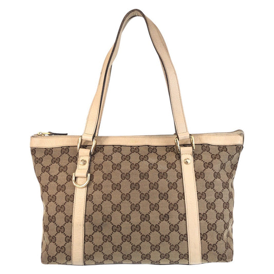 GUCCI Tote Bag 141470 GG canvas, leather Beige White Gold Metal Tote Bag Shoulder Bag Abbey Women Used Authentic