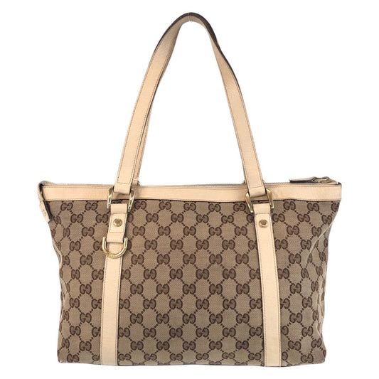 GUCCI Tote Bag 141470 GG canvas, leather Beige White Gold Metal Tote Bag Shoulder Bag Abbey Women Used Authentic