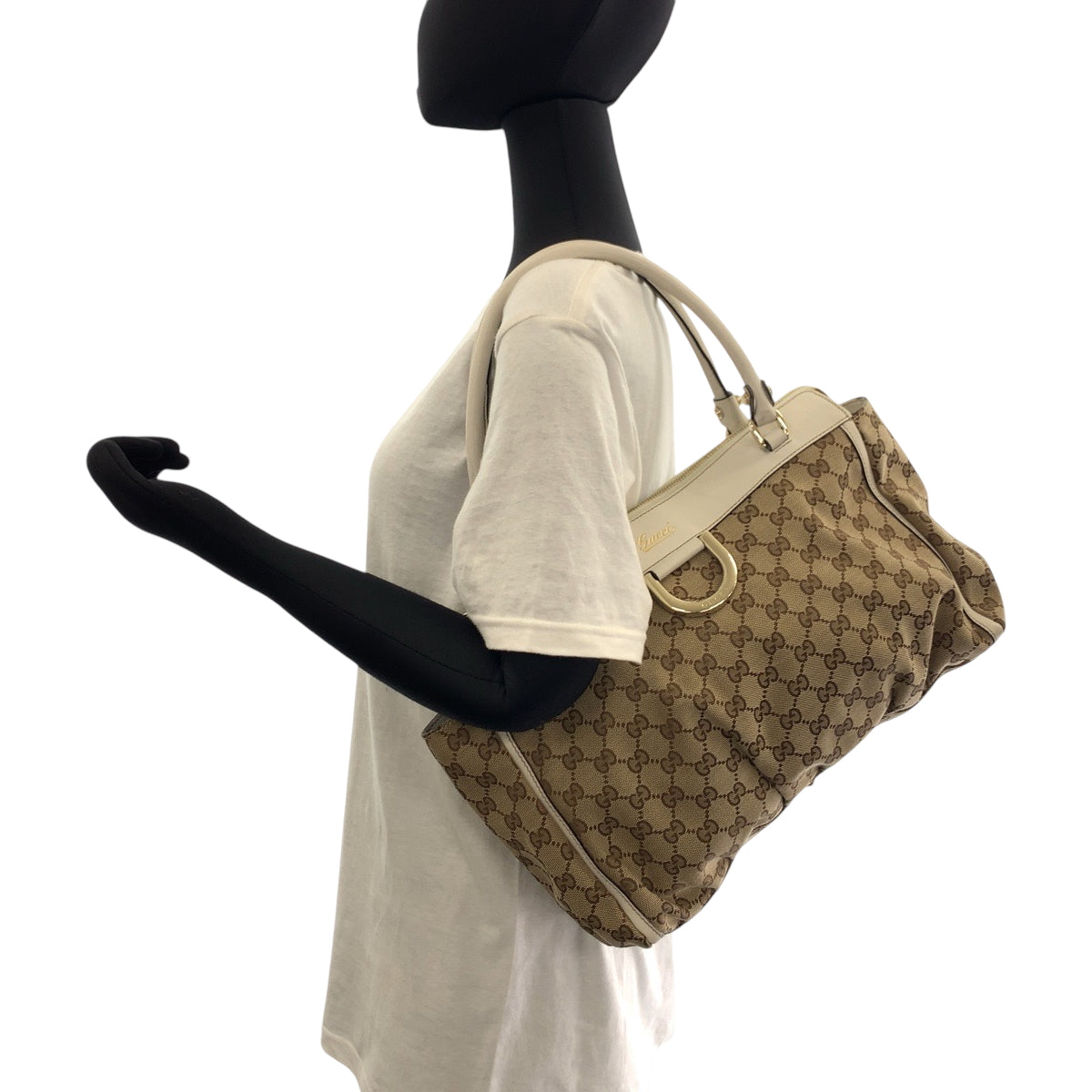 GUCCI Tote Bag 189831 GG canvas Beige White Gold Metal Tote Bag Handbag Shoulder Bag Abbey Women Used Authentic