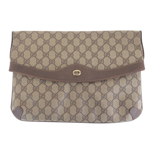 GUCCI Clutch bag 89 02075 GG Supreme Canvas Brown Beige Gold Metal Old Gucci