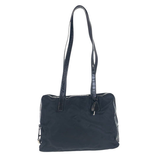PRADA Shoulder Bag Nylon, Leather Black SilverMetal Shoulder Bag embossed Test Triangle With logo Women Used Authentic