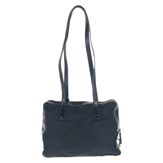 PRADA Shoulder Bag Nylon, Leather Black SilverMetal Shoulder Bag embossed Test Triangle With logo Women Used Authentic