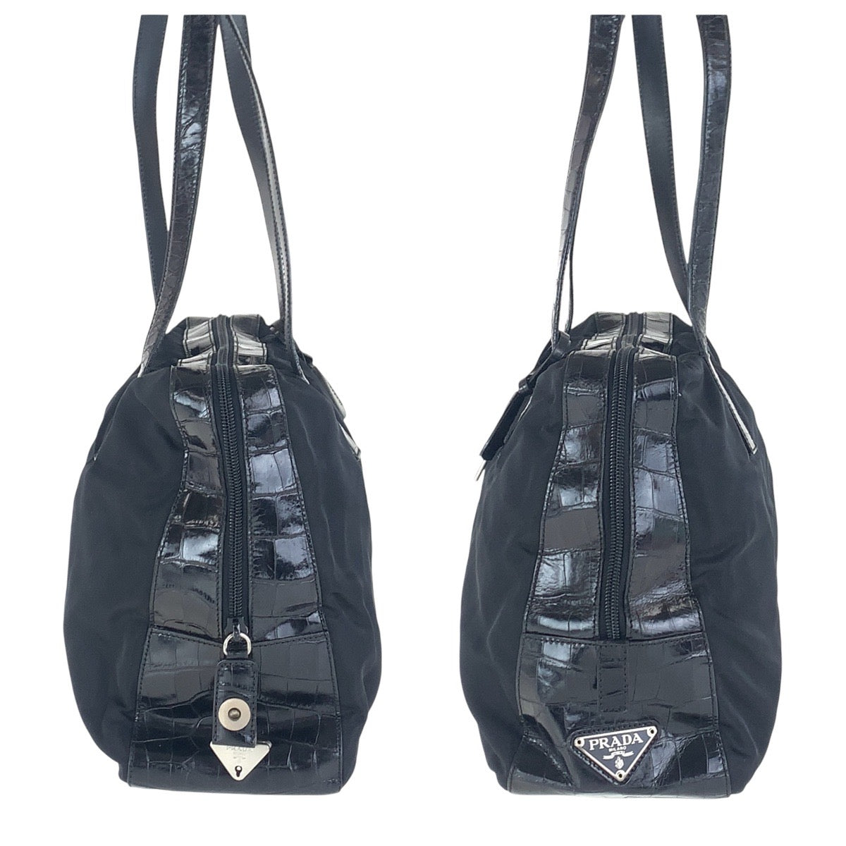 PRADA Shoulder Bag Nylon, Leather Black SilverMetal Shoulder Bag embossed Test Triangle With logo Women Used Authentic