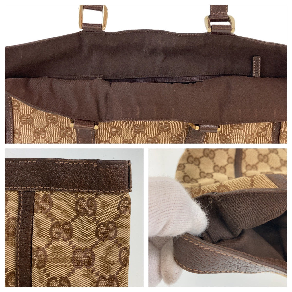 GUCCI Tote Bag 130733 GG canvas, leather Brown Gold Metal Tote Bag Shoulder Bag Abbey Women Used Authentic