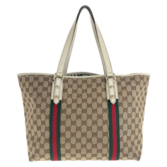 GUCCI Tote Bag 139260 GG canvas, leather Brown White Gold Metal Tote Bag Shoulder Bag Sherry line Women Used Authentic
