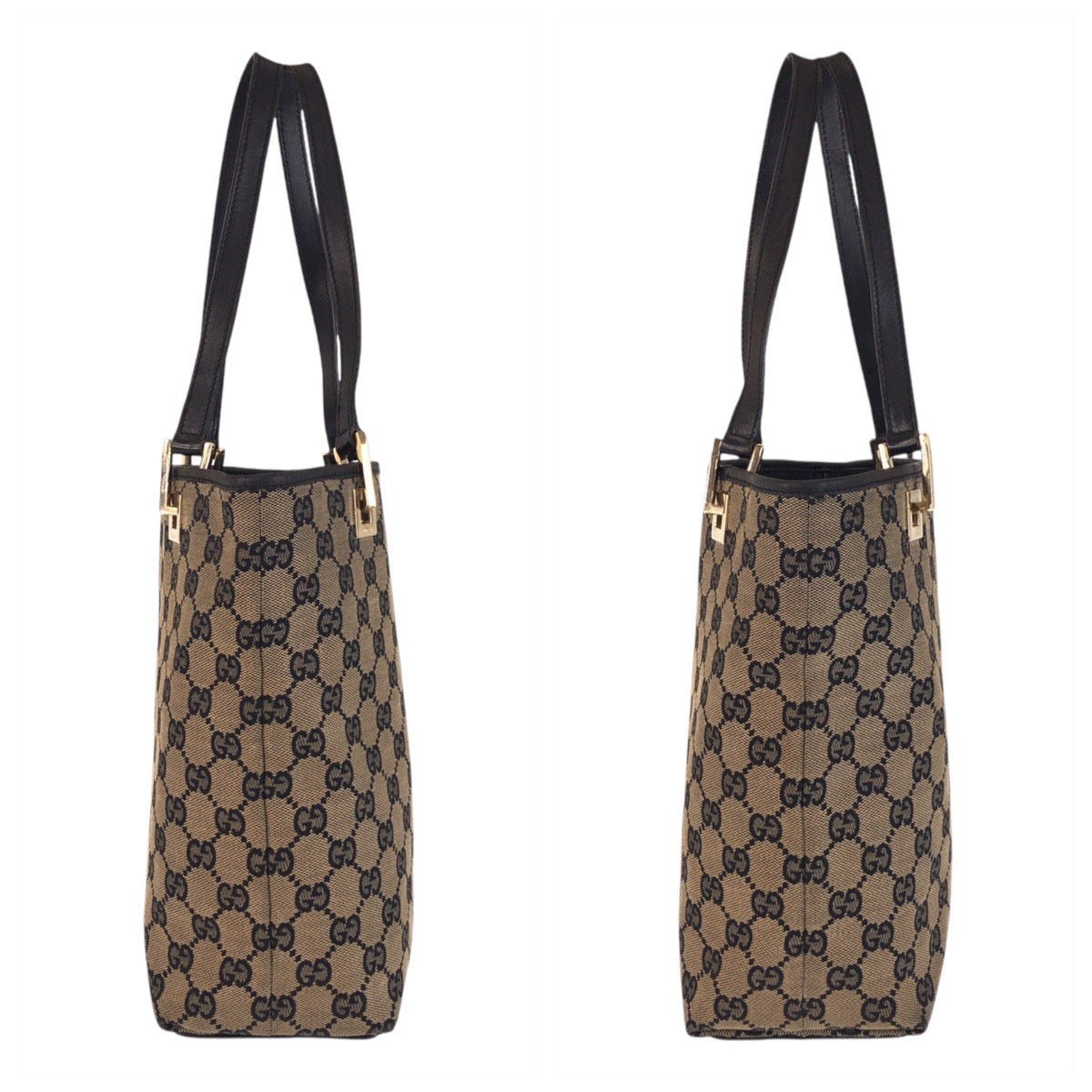 GUCCI Tote Bag 002 1099 GG canvas, leather Beige Black Gold Metal Tote Bag Shoulder Bag Women Used Authentic