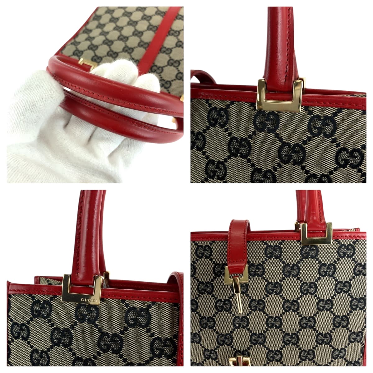 GUCCI Handbag 002 1065 GG canvas Gray Red Gold Metal Handbag Tote Bag Jackie Women Used Authentic
