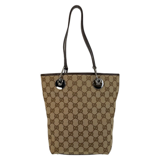 GUCCI Tote Bag 120840 GG canvas, leather Beige Brown SilverMetal Tote Bag Shoulder Bag Women Used Authentic