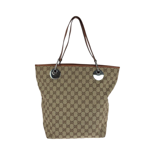 GUCCI Tote Bag 120836 GG canvas Brown Silver Metal Tote Bag Shoulder Bag Women Used Authentic