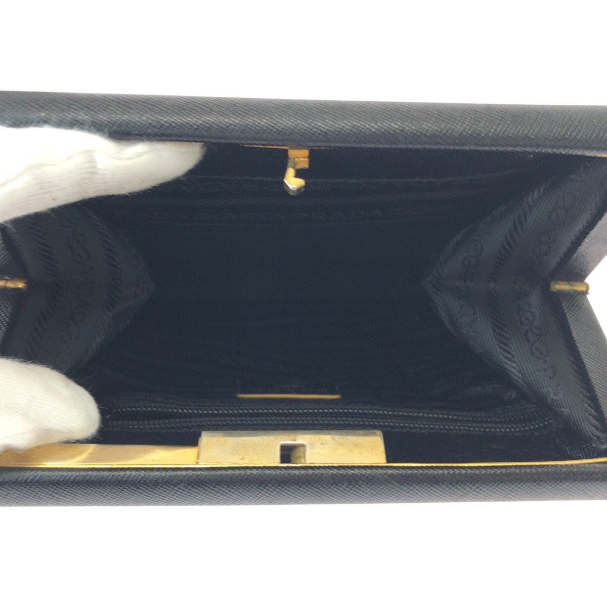 PRADA business bag leather Black GoldMetal business bag clutch bag Safiano logo Women Used Authentic