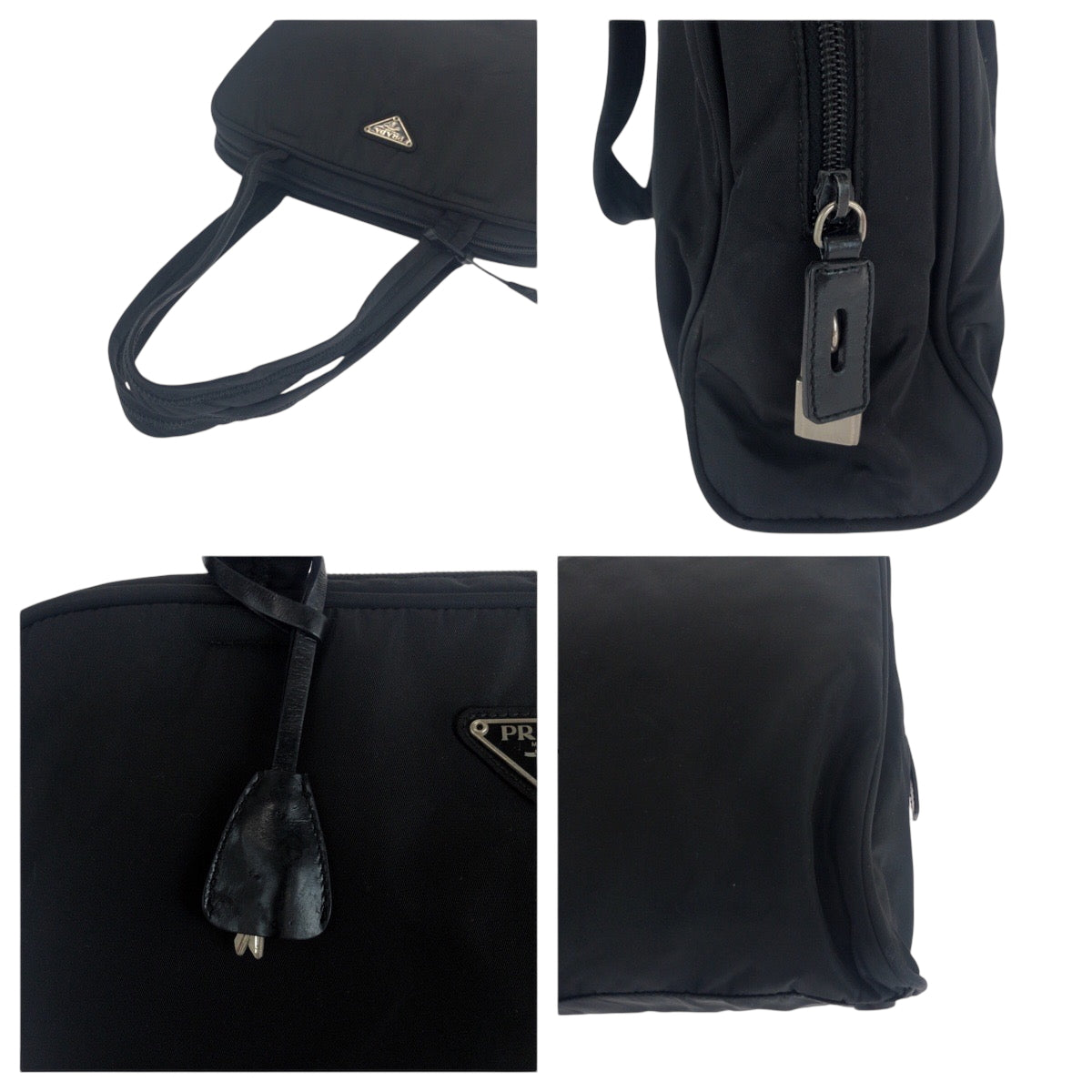 PRADA Tote Bag Nylon Black SilverMetal Tote Bag Shoulder Bag Test Triangle With logo Women Used Authentic