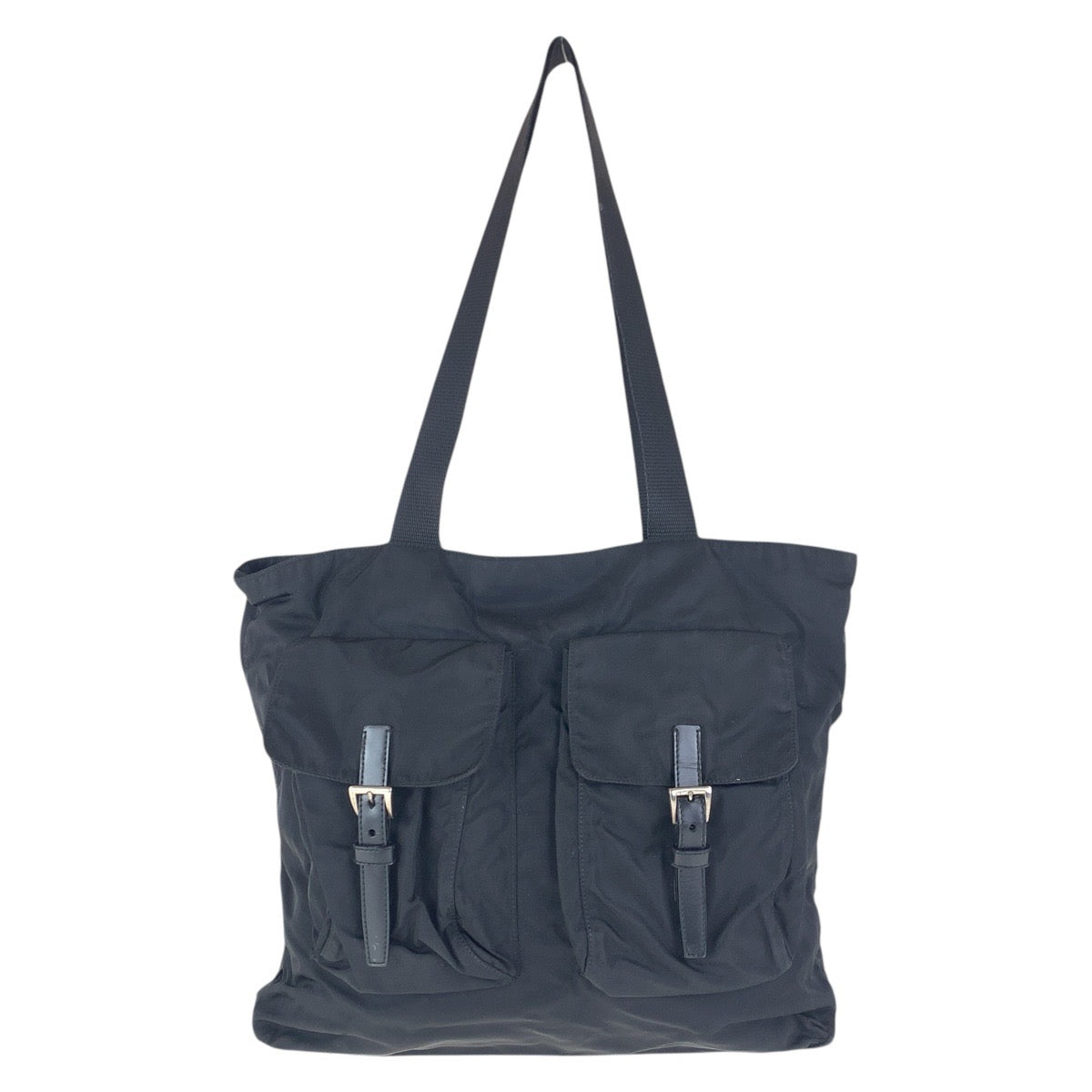 PRADA Tote Bag Nylon Black SilverMetal Tote Bag Shoulder Bag Test Triangle With logo Women Used Authentic