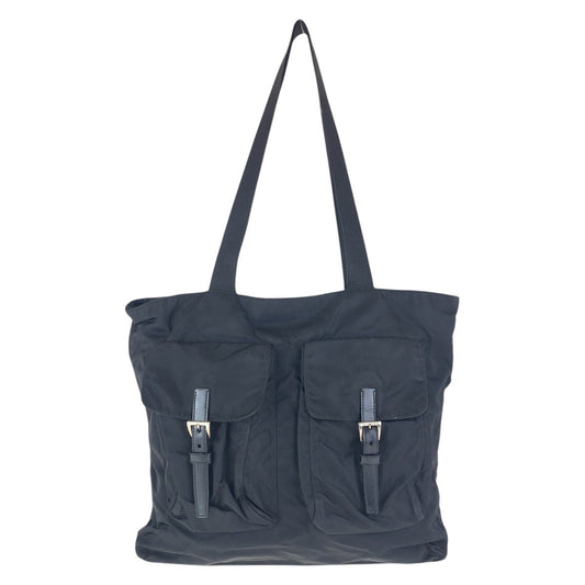 PRADA Tote Bag Nylon Black SilverMetal Tote Bag Shoulder Bag Test Triangle With logo Women Used Authentic