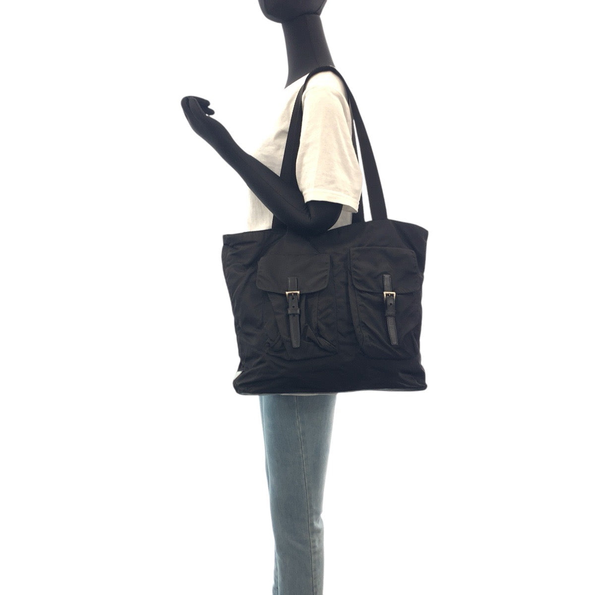 PRADA Tote Bag Nylon Black SilverMetal Tote Bag Shoulder Bag Test Triangle With logo Women Used Authentic