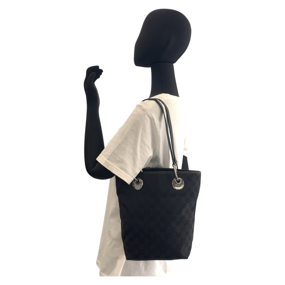 GUCCI Tote Bag 120840 GG canvas, leather Black SilverMetal Tote Bag Shoulder Bag Women Used Authentic
