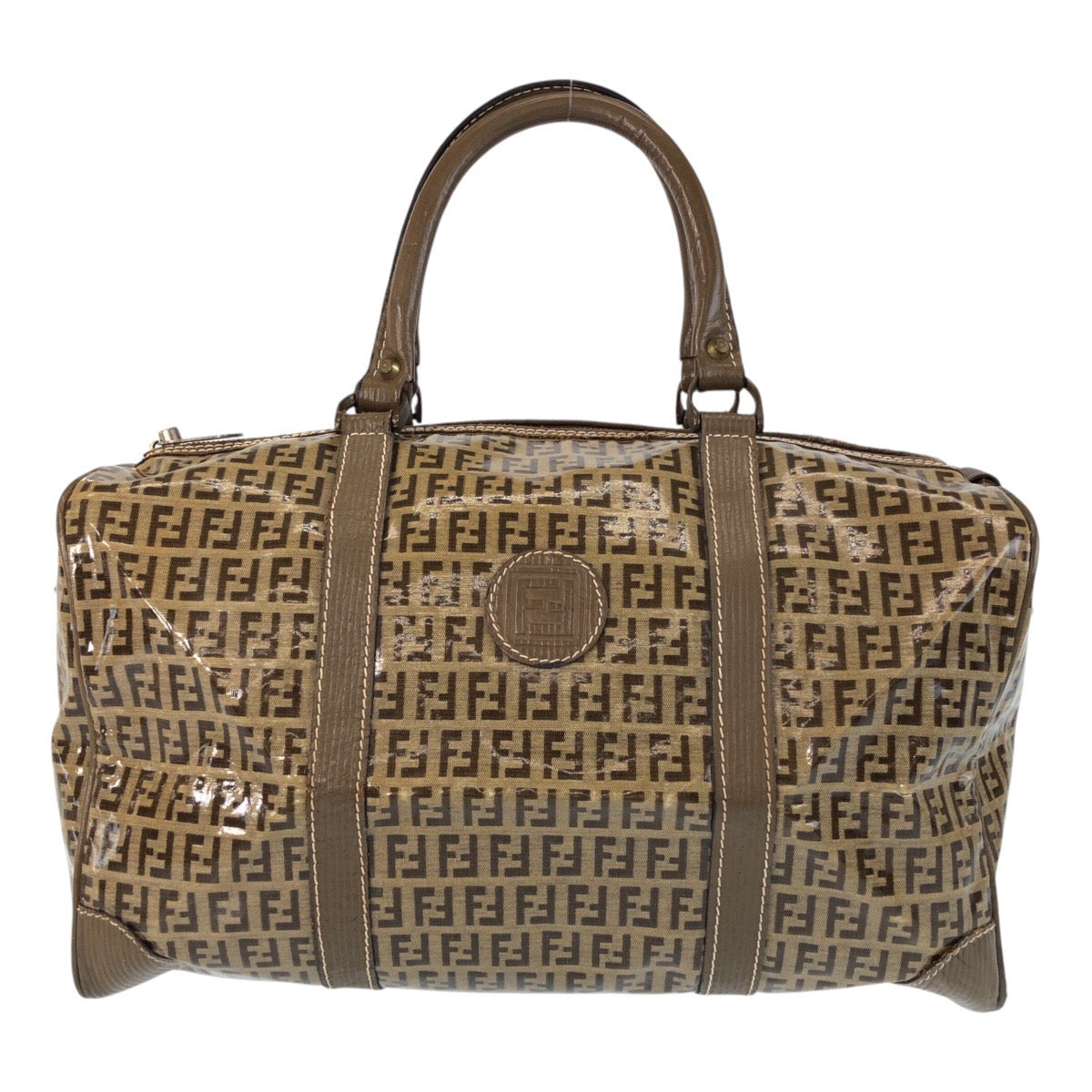 FENDI Handbag PVC, Leather beige Handbag Boston Duffel bag Zucca Women Used Authentic