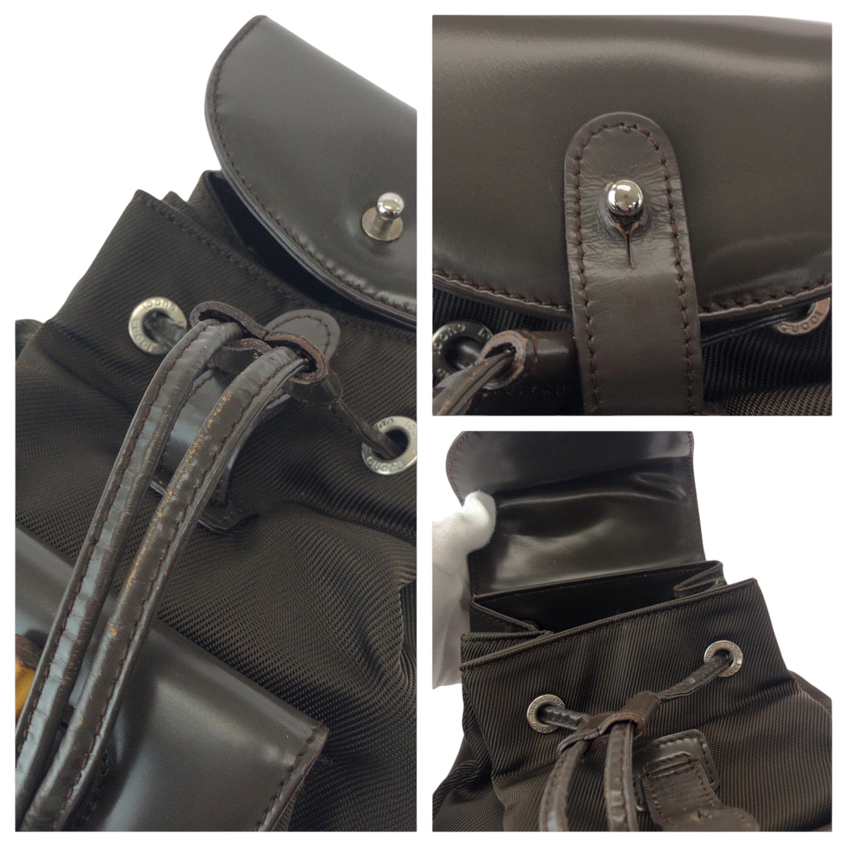 GUCCI Backpack 003 2058 Nylon Khaki Brown SilverMetal Backpack Backpack Bamboo Old Gucci Women Used Authentic