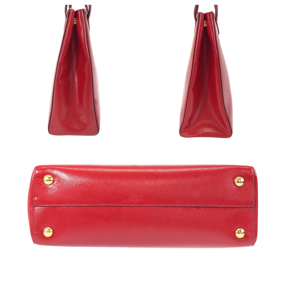PRADA Tote Bag leather Red Gold Metal Tote Bag Shoulder Bag 2way Safiano Women Used Authentic
