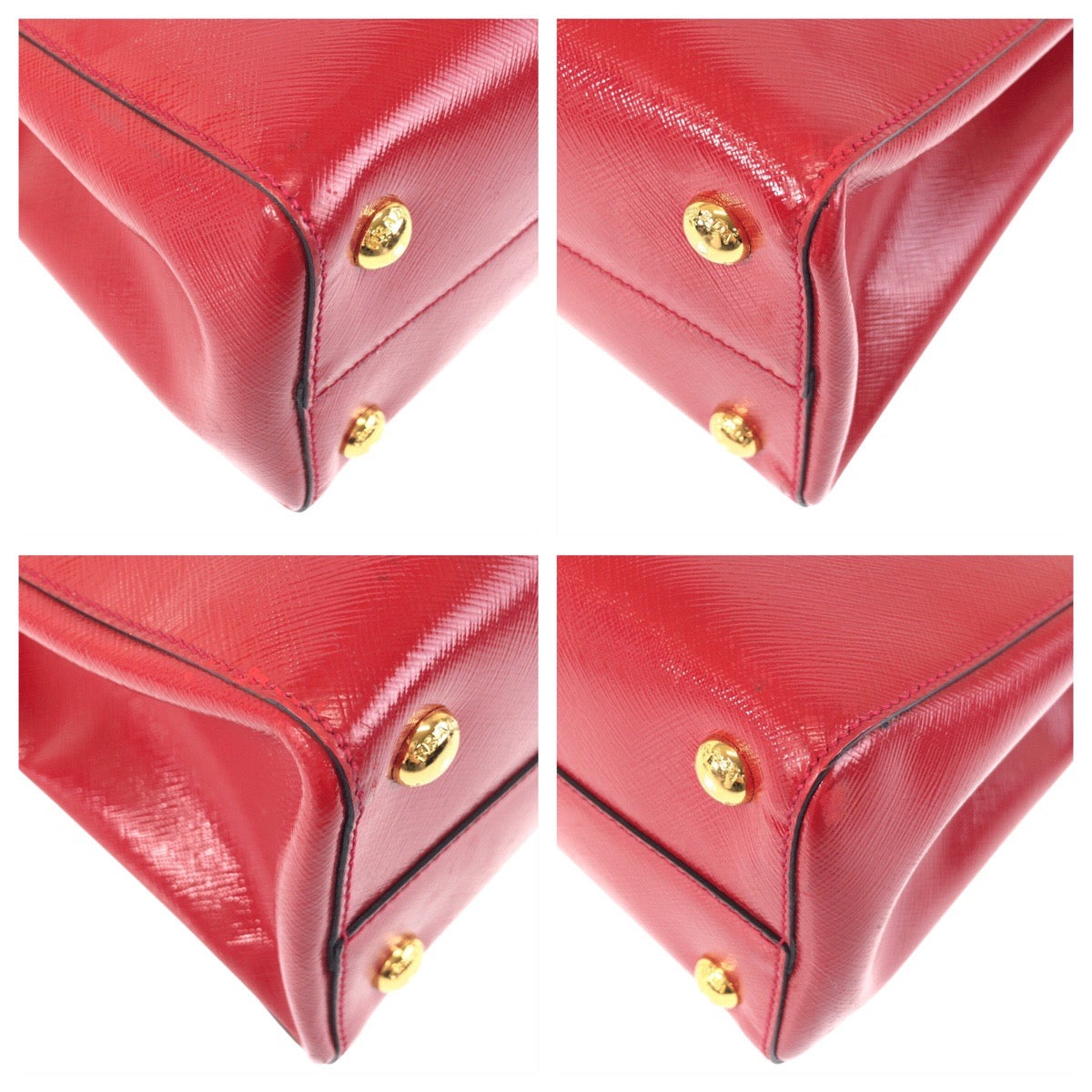 PRADA Tote Bag leather Red Gold Metal Tote Bag Shoulder Bag 2way Safiano Women Used Authentic
