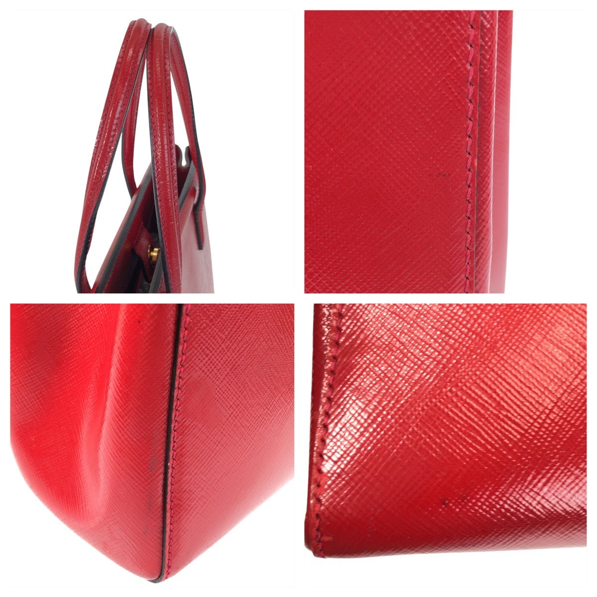 PRADA Tote Bag leather Red Gold Metal Tote Bag Shoulder Bag 2way Safiano Women Used Authentic