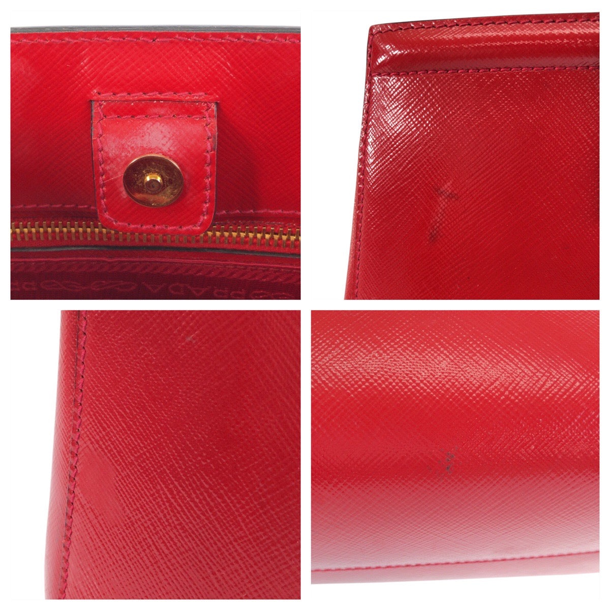PRADA Tote Bag leather Red Gold Metal Tote Bag Shoulder Bag 2way Safiano Women Used Authentic