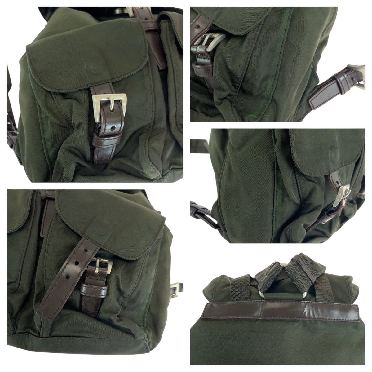 PRADA Backpack Nylon Khaki Brown SilverMetal Backpack Backpack Test Triangle With logo Women Used Authentic