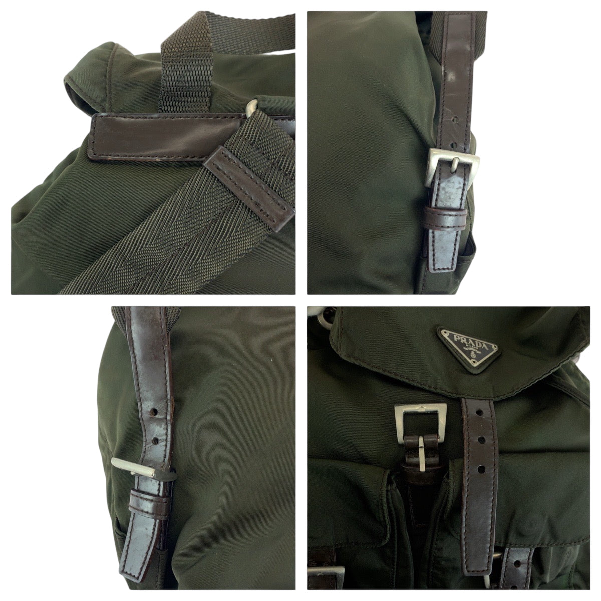 PRADA Backpack Nylon Khaki Brown SilverMetal Backpack Backpack Test Triangle With logo Women Used Authentic