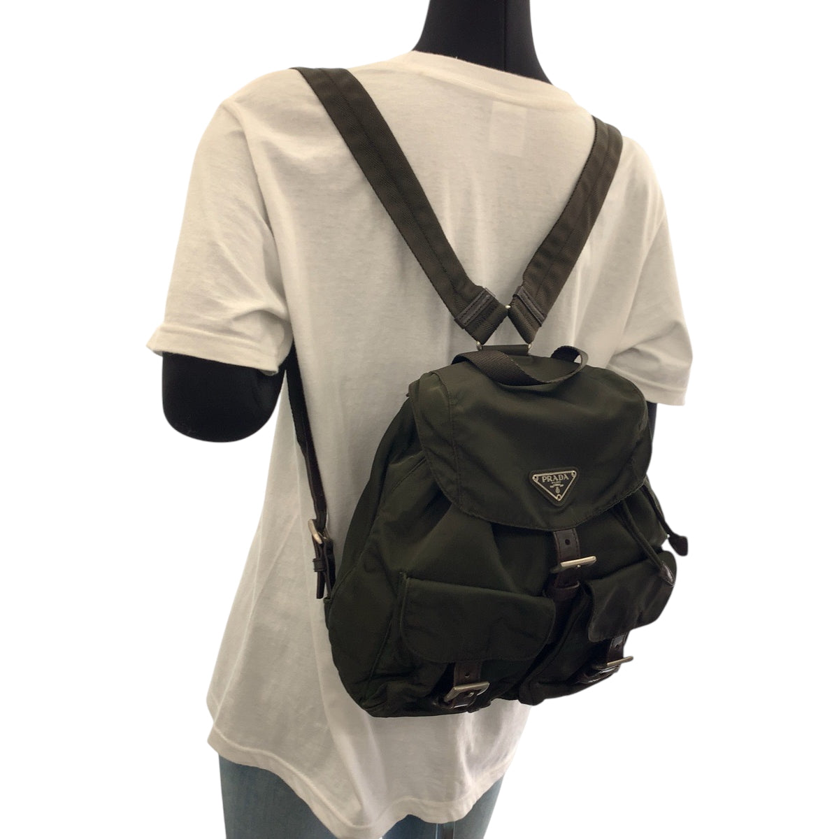 PRADA Backpack Nylon Khaki Brown SilverMetal Backpack Backpack Test Triangle With logo Women Used Authentic