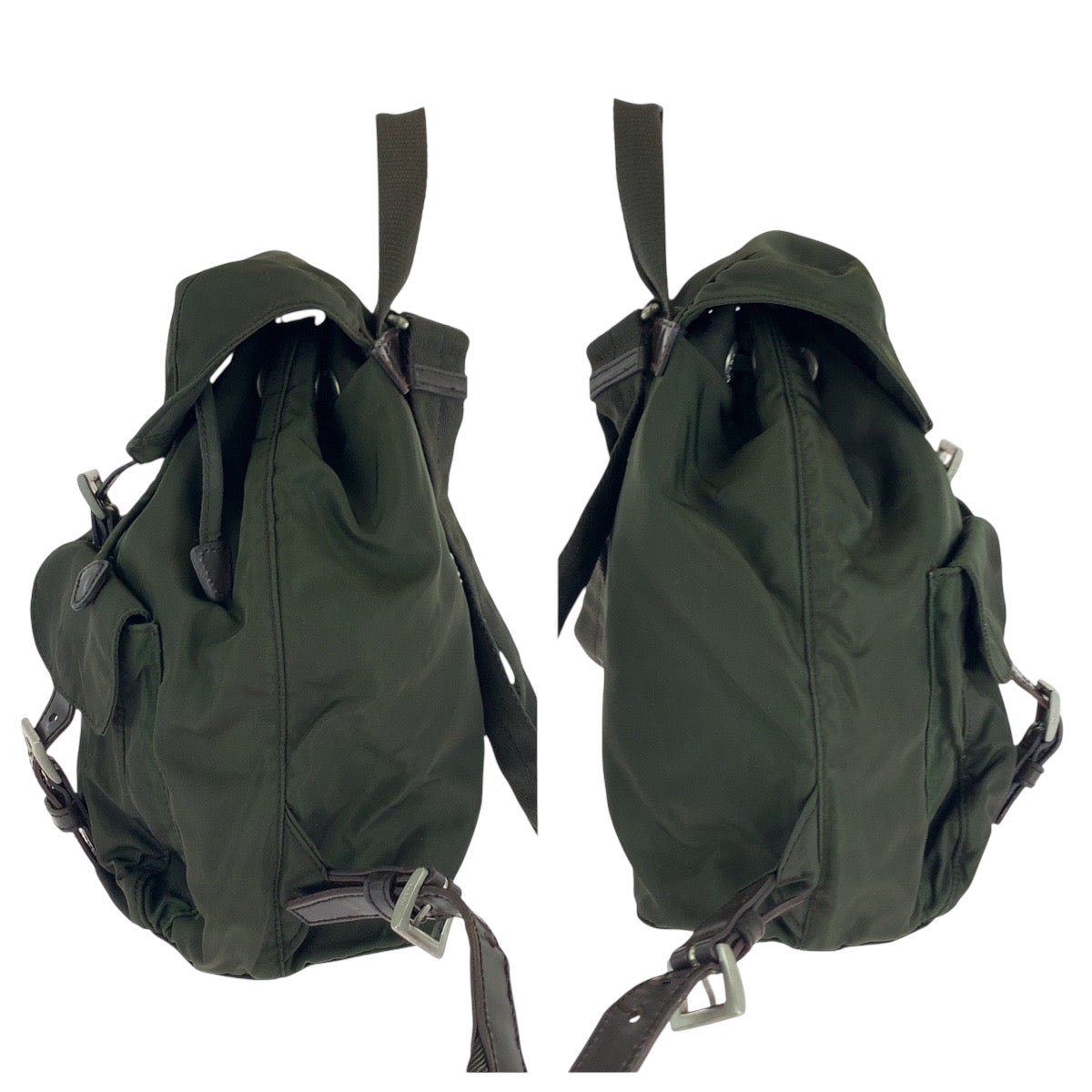 PRADA Backpack Nylon Khaki Brown SilverMetal Backpack Backpack Test Triangle With logo Women Used Authentic