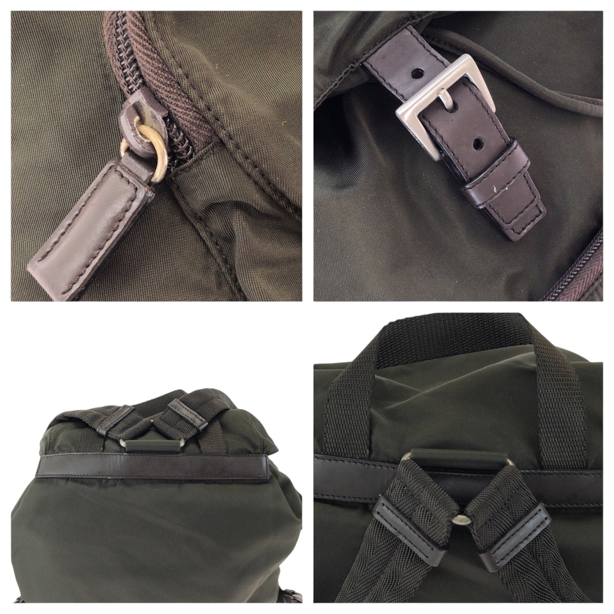PRADA Backpack Nylon Khaki Brown SilverMetal Backpack Backpack Test Triangle With logo Women Used Authentic