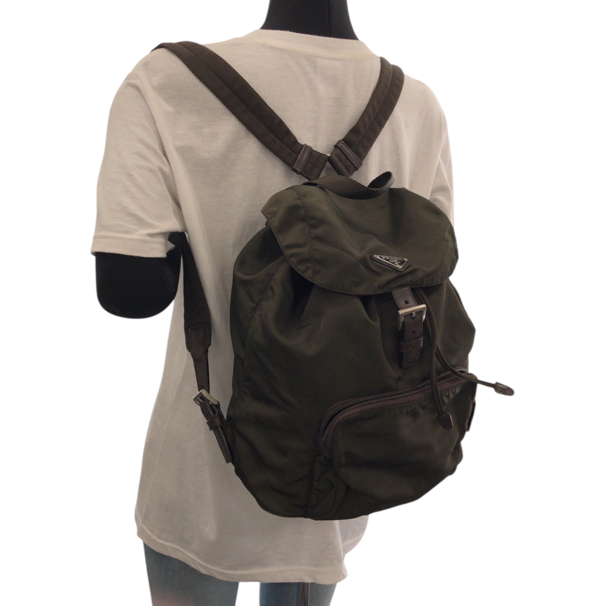 PRADA Backpack Nylon Khaki Brown SilverMetal Backpack Backpack Test Triangle With logo Women Used Authentic