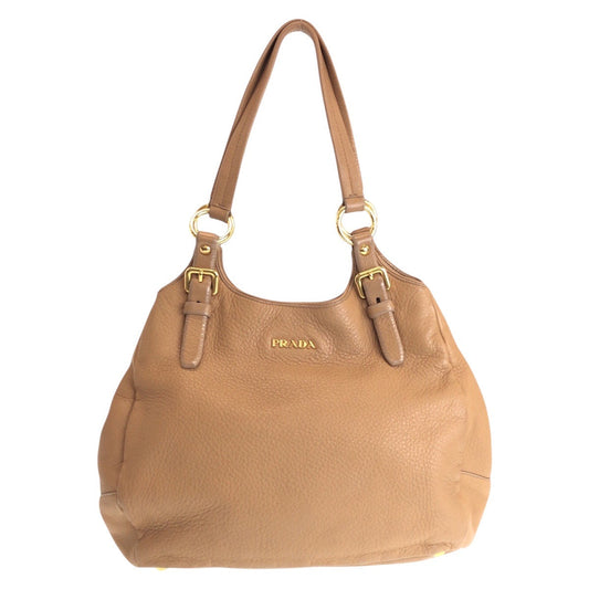 PRADA Shoulder Bag leather Beige Gold Metal