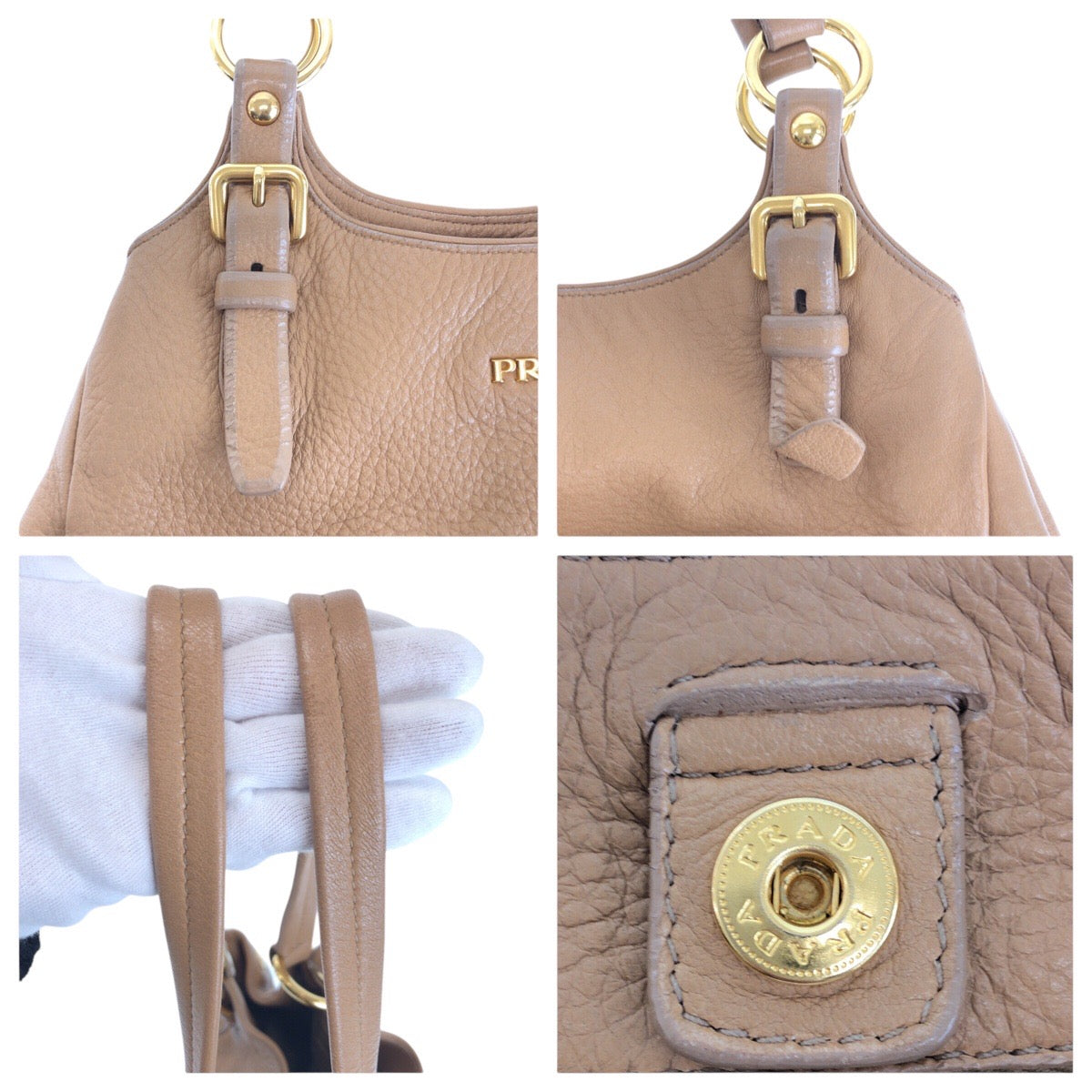 PRADA Shoulder Bag leather Beige Gold Metal